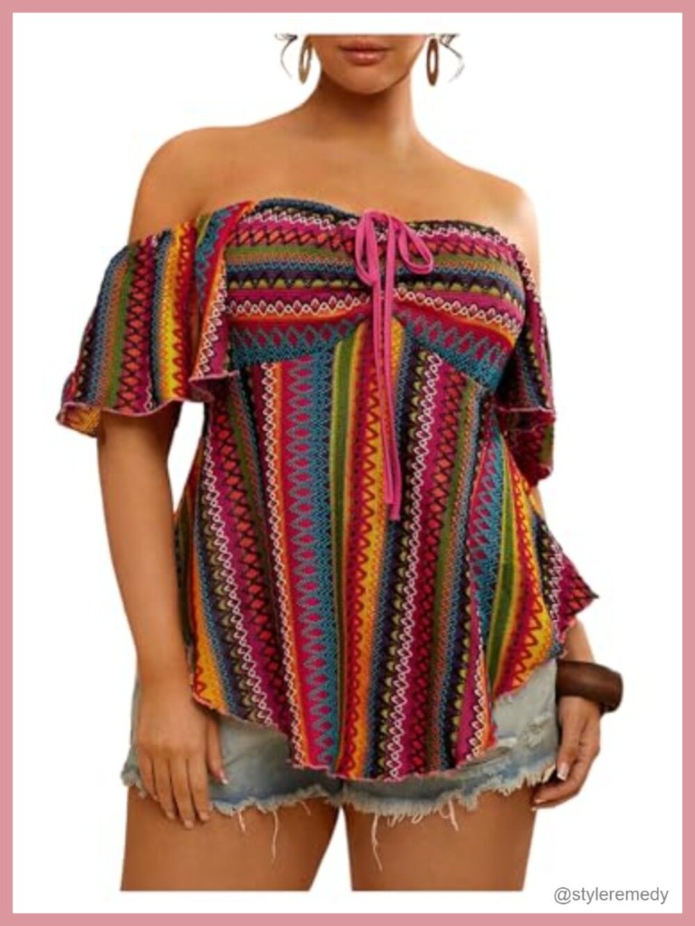 Plus Size Boho Striped Off Shoulder Ruffle Asymmetrical Peplum Top
